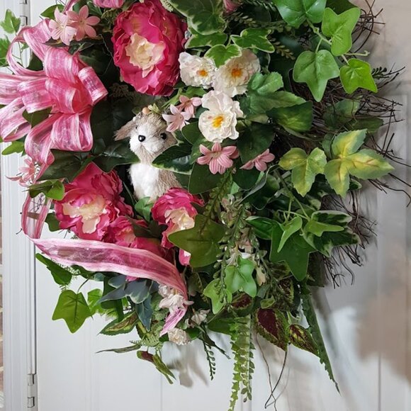 Pink Spring Easter Bunny Wreath, Easter Grapevine, Floral Wreath, Hand Crafted - Picture 4 of 11